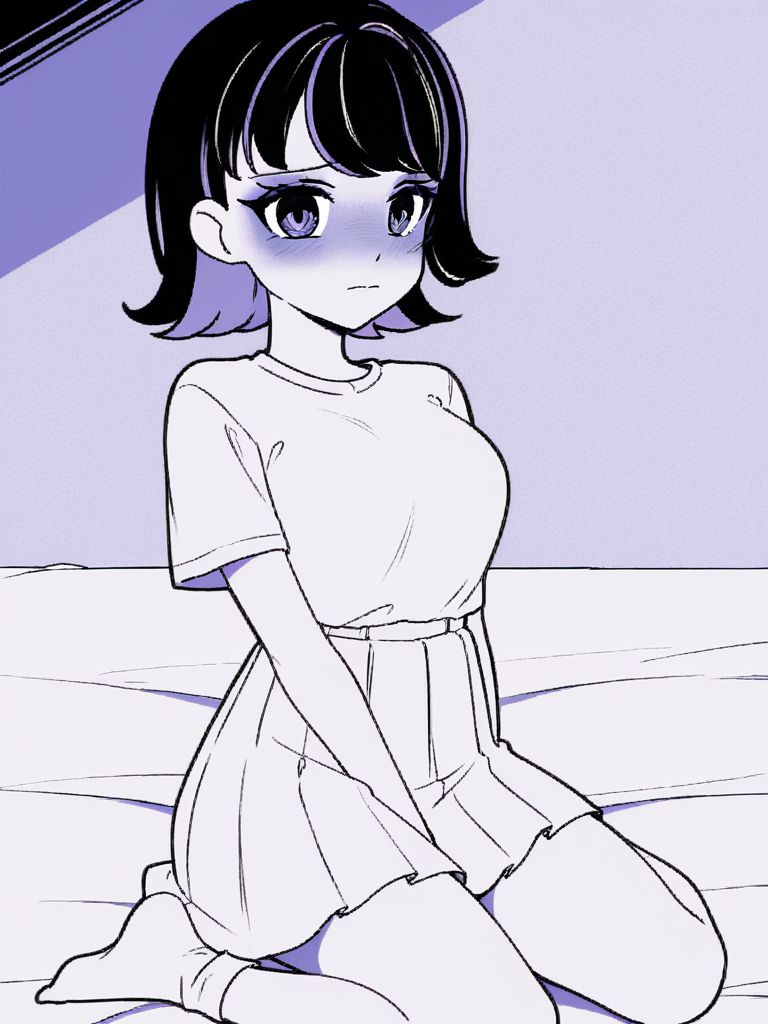 1girl, monochrome, purple theme, 

medium hair, black hair, two tone hair, purple hair, 
white t-shirt, white skirt, white socks,  kneeling, on bed, wariza, shy, blush, closed mouth, looking at viewer,