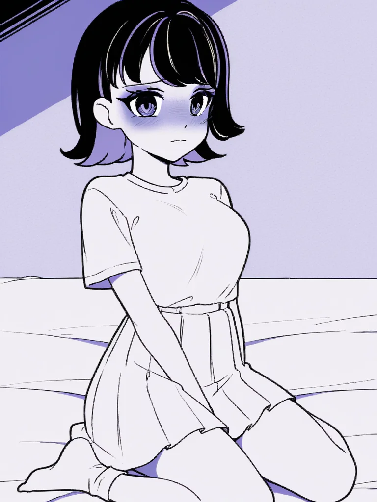 1girl, monochrome, purple theme,
medium hair, black hair, two tone hair, purple hair,
white t-shirt, white skirt, white socks, kneeling, on bed, wariza, shy, blush, closed mouth, looking at viewer,