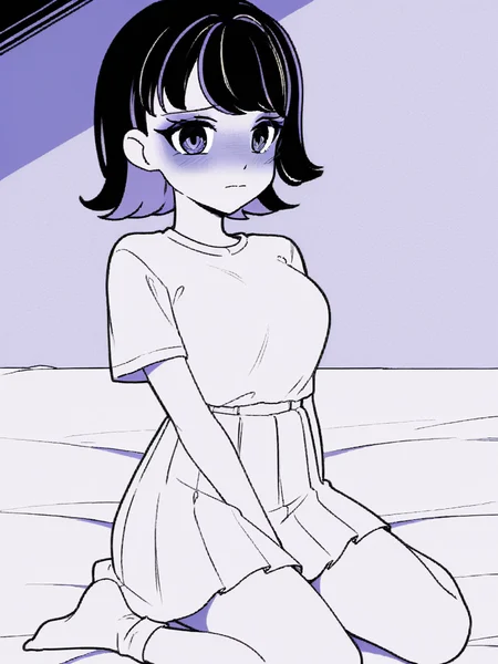1girl, monochrome, purple theme,
medium hair, black hair, two tone hair, purple hair,
white t-shirt, white skirt, white socks, kneeling, on bed, wariza, shy, blush, closed mouth, looking at viewer,