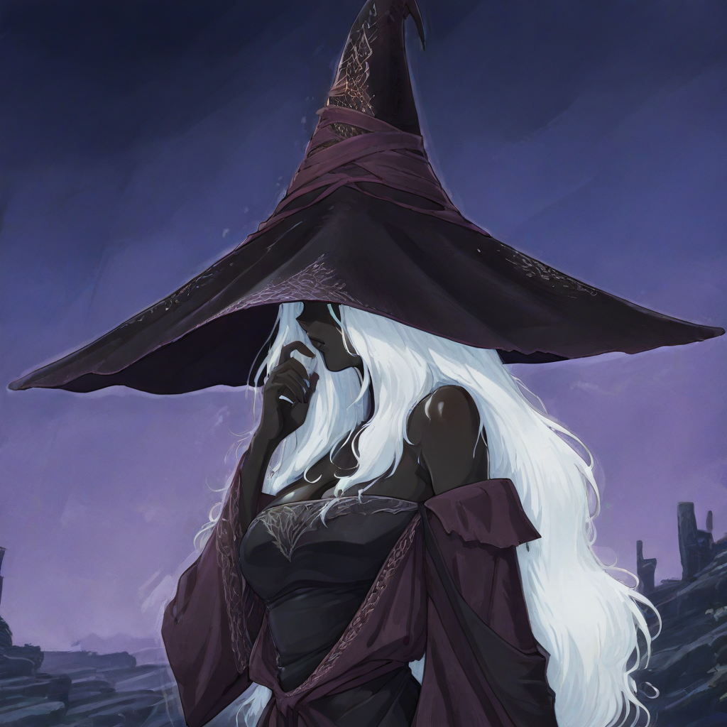 masterpiece, best quality, newest, absurdres, highres, vintage anime, 90s anime, 1girl, ERNRRE-V1.0, very dark skin, dark-skinned female, black skin, black colored skin, colored skin, hat, witch hat, robe, off shoulder, white hair,