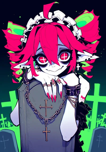 1girl, solo, kasane teto, maid, upper body, multiple ear piercing,multiple earrings, deformed, big eyes, detailed eyes, depressed, bags under eyes, twin drills, leaning forward, elbow rest, looking at viewer, hair between eyes, long bangs, csad smile, stifled laugh, cross, multiple rings, colored inner hair, long nails, maid headdress, red eyes, symbol-shaped pupils, pointy ears, chains, jewelry, cross earrings, skinny, hugging object, white skin,
masterpiece,best quality,absurdres, very awa, perfect composition, highly detailed, artist:imazawa, artist:Syvaron, <lora:vivid:0.8>, <lora:spo_sdxl_10ep_4k-data_lora_webui:1>, graveyard, simple background, tombstone, abstract background, green_theme, hromatic aberration,