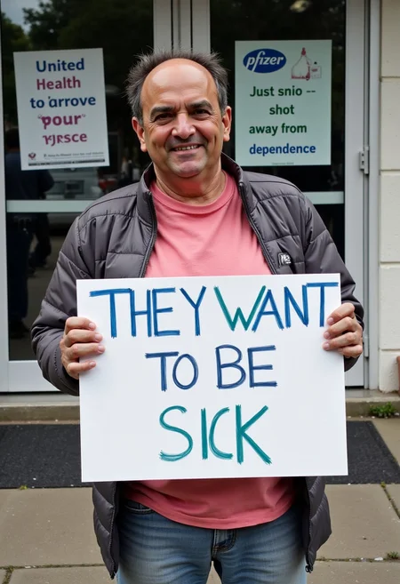 (A very sick individual:1.2), hold sign that reads, "they want to be sick", standing outside clinic, (posters reading, "United Health to help improve your disease", "pfizer just a shot away from dependence"