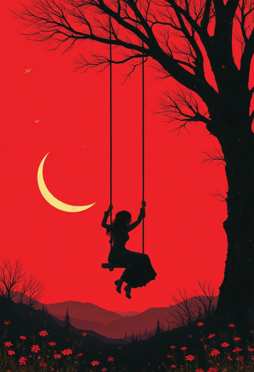 in the style of Stephen Gammell, dark scarlet background, add minimal natural colors, (animation. Girl on a swing, tied to a crescent, night, Romance, fairy-tale background) (minimalism: 1) fairy-tale background), original details. Style by Stephen Gammell.