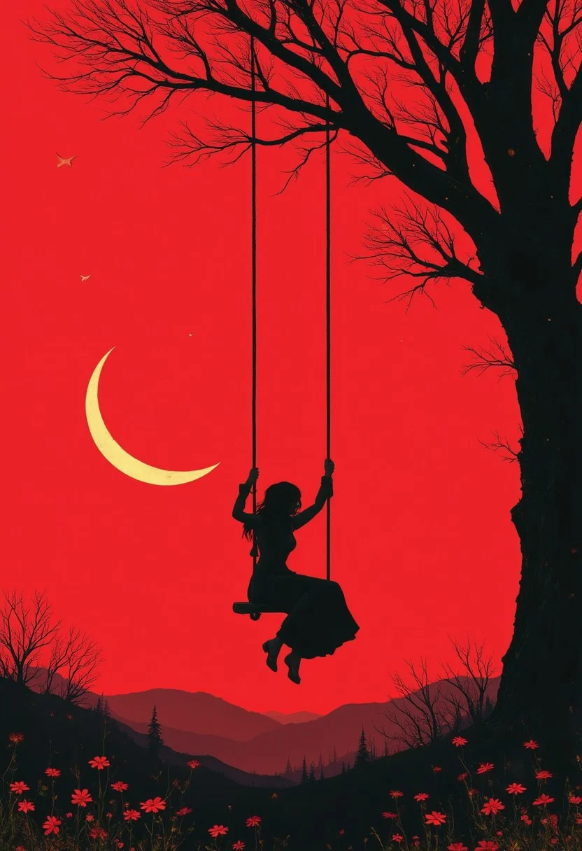 in the style of Stephen Gammell, dark scarlet background, add minimal natural colors, (animation. Girl on a swing, tied to a crescent, night, Romance, fairy-tale background) (minimalism: 1) fairy-tale background), original details. Style by Stephen Gammell.
