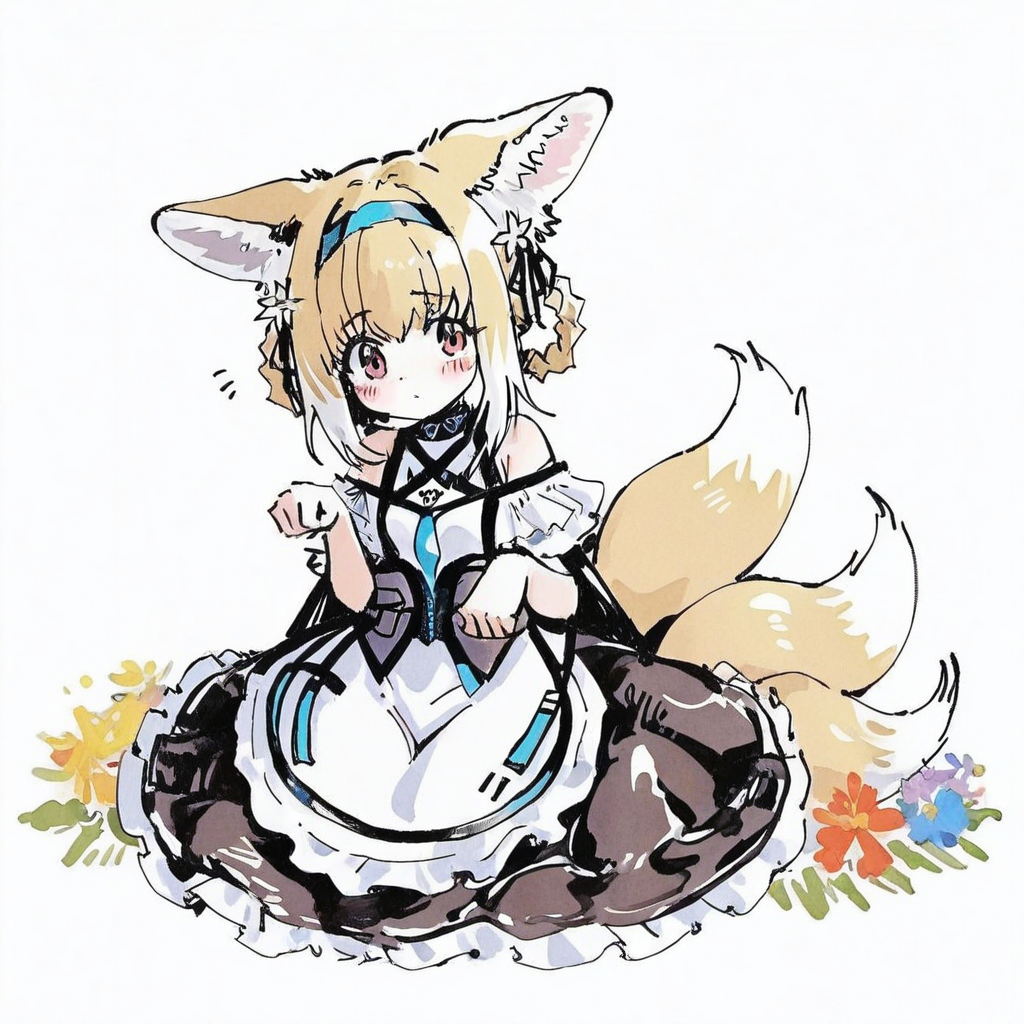 <lora:pen-drawing_A3.1_XL:1>,(pen_art_style,pen_drawing_style),(masterpiece),(best quality),1girl,solo,long hair,blush,blonde hair,hair ornament,dress,ribbon,animal ears,sitting,tail,flower,pantyhose,no shoes,hair flower,pink eyes,apron,animal ear fluff,maid,maid headdress,fox ears,fox tail,maid apron,white pantyhose,paw pose,suzuran \(arknights\),Suzuran,white background,