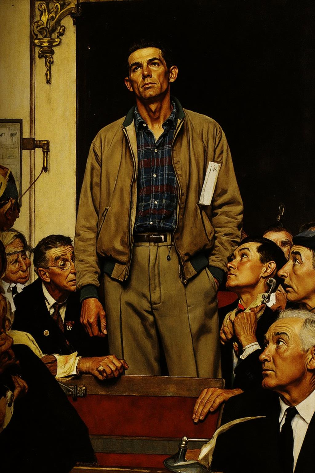 normanrockwell1 painting.
A man is standing in a crowded room, wearing a worn beige jacket with a blue and red plaid shirt underneath. His face shows a serious expression, illuminated by light from the left, casting a shadow on the left side of his face.
The seated crowd around him are looking up at him.
 <lora:normanrockwell1_cap_d6a3e12:1.0><lora:841441349778592218:0>