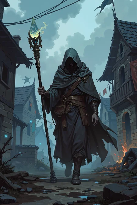 A ruined village engulfed in a dense, swirling fog. A tall, gaunt figure draped in a soot-stained cloak walks slowly down the main street, holding a crooked staff topped with a cracked, glowing crystal. Torn prayer flags flutter in the cold wind, and the burned-out remains of houses loom like skeletal shadows. Faint blue fireflies hover around the figure, illuminating their hollow eyes and the ghostly trails they leave behind. The scene is filled with quiet sorrow and lingering despair. , detailed background Fantastic lighting. Detailed shadows.intricate details, vivid colors, hyper-detailed, ultra-sharp, , <lora:XRSTYLE_FLUX:0.5><lora:RetroAnimeFluxV1:0.4><lora:MoriiMee_Gothic_Niji_Style_FLUX:0.3>