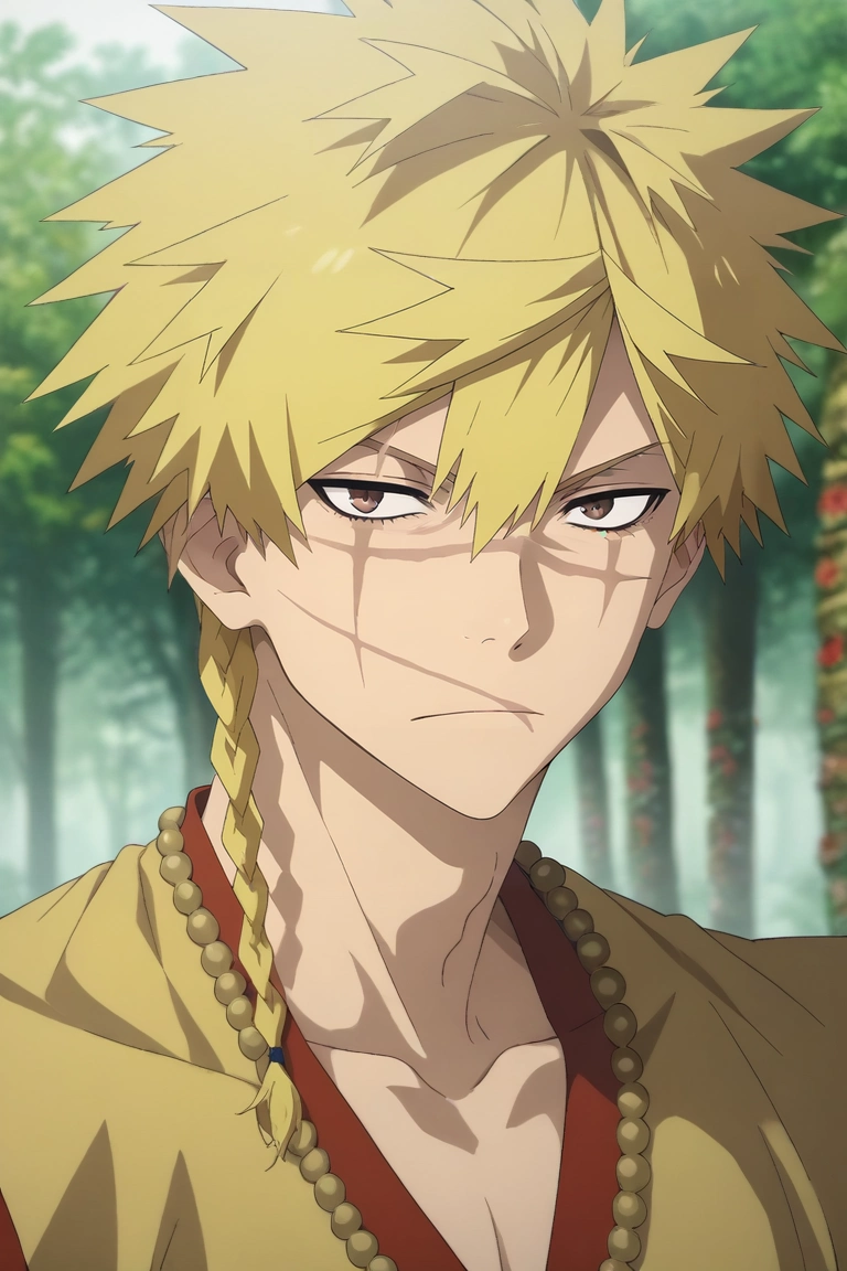 score_9, score_8_up, score_7_up, source_anime, rating_safe, , semi-realistic, looking at viewer, depth of field, 1boy, solo, male focus, <lora:choubei_aza_pony:1>, choubei_aza, blonde hair, brown eyes, long hair, braid, spiked hair, scar on face, necklace, , , <lora:sdxl_lightning_8step_lora:1>