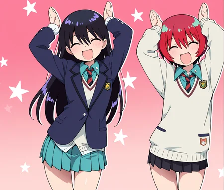 masterpiece,best quality,high quality,amazing quality,absurdres,highres,very aesthetic,ultra detailed,
2girls,
<lora:Gquuuuuux_noobai:1>,
(amate yuzuriha,red hair,short hair,aqua skirt,necktie,sweater,shirt,long sleeves,collared shirt,pleated skirt,red necktie,school uniform),
(nyaan \(gundam gquuuuuux\),long hair,black hair,jacket,pleated skirt, school uniform,shirt, black skirt),
<lora:caramelldansen_ILv11_v1:1.2>,caramelldansen,parody,
smile,open mouth,^_^,arms up,closed eyes,
pink background,starry background,gradient background,oekaki,
cowboy shot,