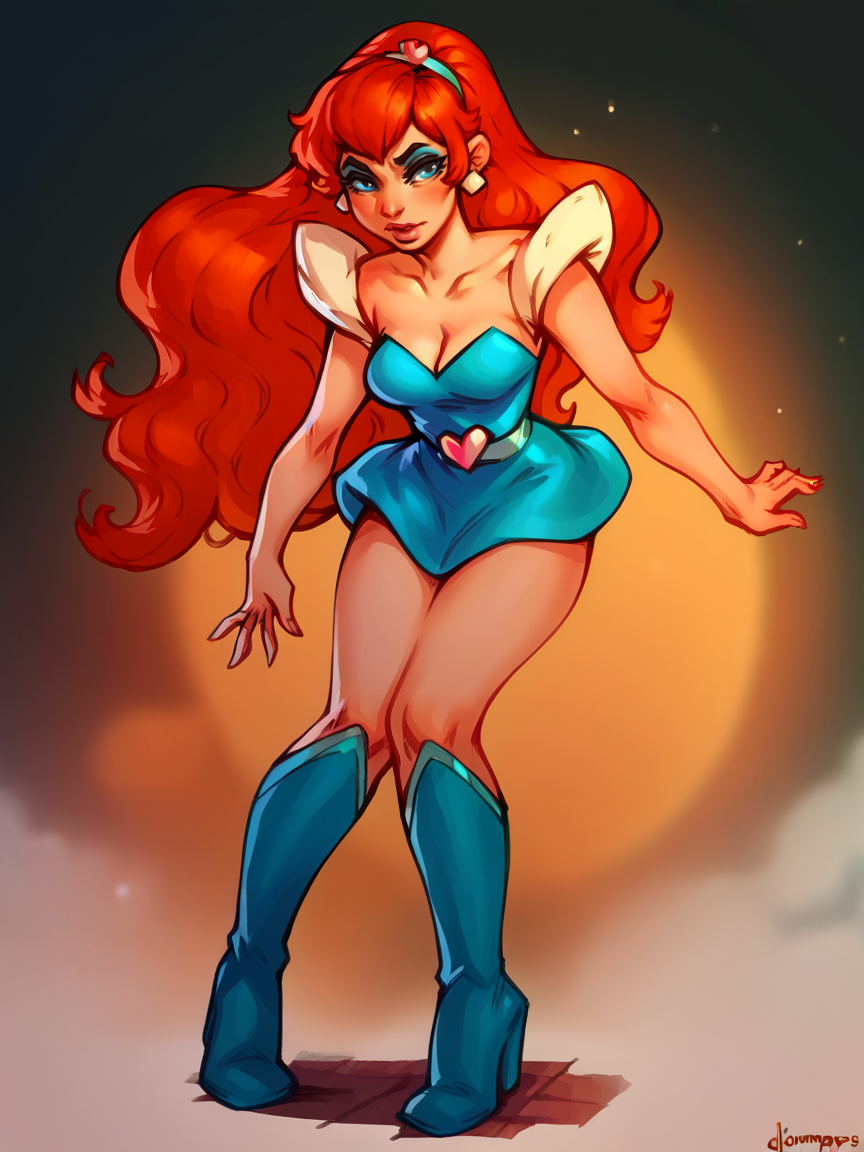 score_9, score_8_up, score_7_up, score_6_up, score_5_up,   <lora:kimberlySAXLP:1> kimberlysa, 1girl, solo, long hair, orange hair, blue eyes, makeup, knee boots, dress,    <lora:JDC_Style:1> jdc_style