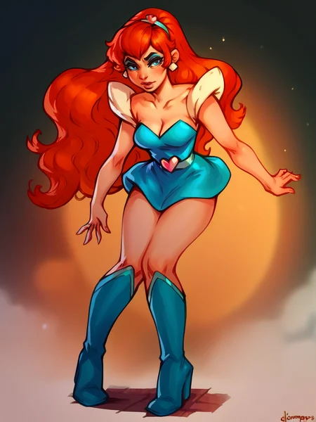 score_9, score_8_up, score_7_up, score_6_up, score_5_up,   <lora:kimberlySAXLP:1> kimberlysa, 1girl, solo, long hair, orange hair, blue eyes, makeup, knee boots, dress,    <lora:JDC_Style:1> jdc_style
