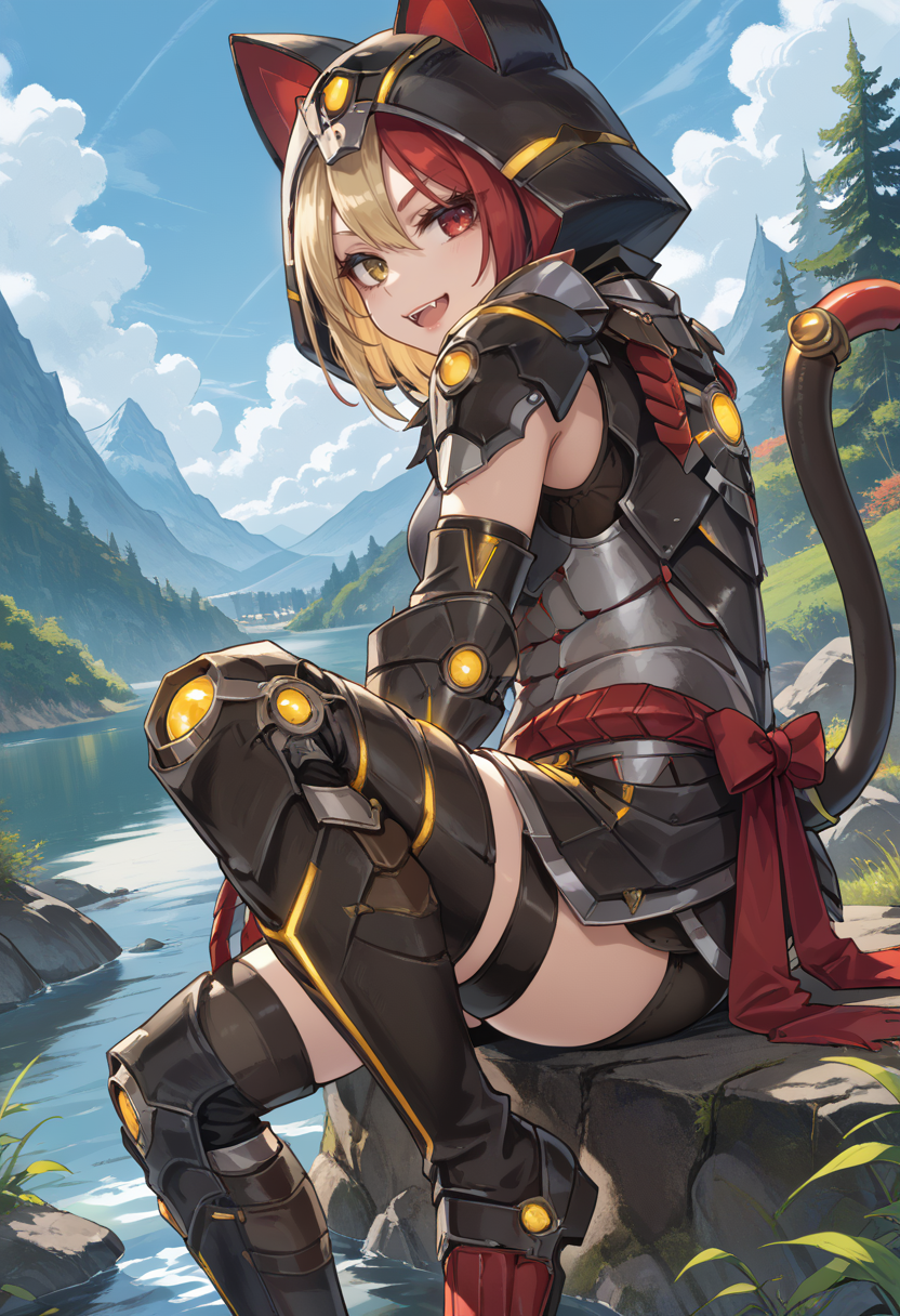 (score_9:0.9),score_8_up,score_7_up,rating_safe,anime style,(zPDXL),<lora:Almudron armor ponyXL v1:0.73>,1girl,solo,yellow eyes,blonde hair,black mechanical cat tail,looking at viewer,black cat hood,almudron armor,black claw gauntlets,black knee boots,black thigh armor,full armor,lake,open mouth,fangs,half-closed eyes,naughty face,red hair,heterochromia,red eyes,multicolored hair,sitting,from behind,