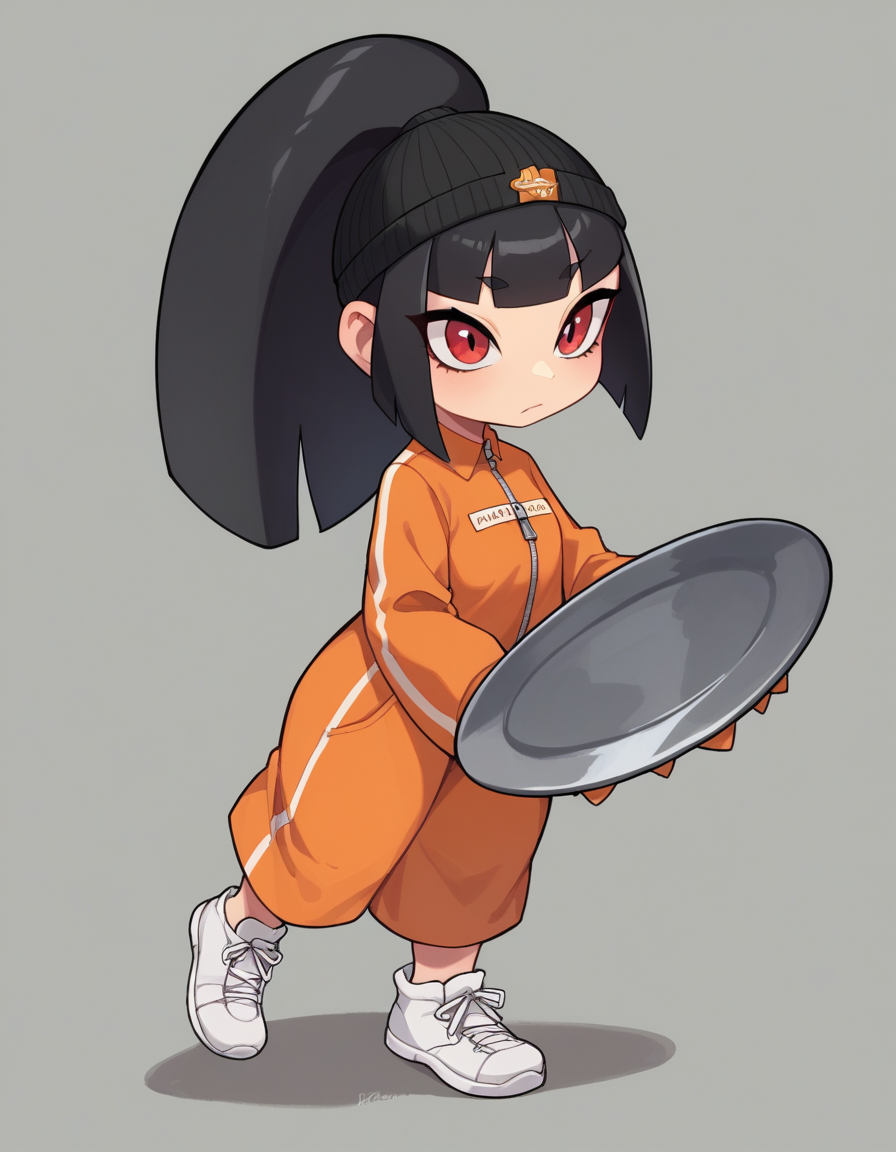 zPDXL, score_9, score_8_up, score_7_up, source_anime, 1girl, solo, 
<lora:Gijinka Mawile v1:0.6> mawile, black hair, blunt bangs, ponytail, red eyes, shortstack, prison inmate wearing orange jumpsuitwith zipper front, elastic-cuffed pants, black beanie hat, white sneakers, carrying a lunch tray,
