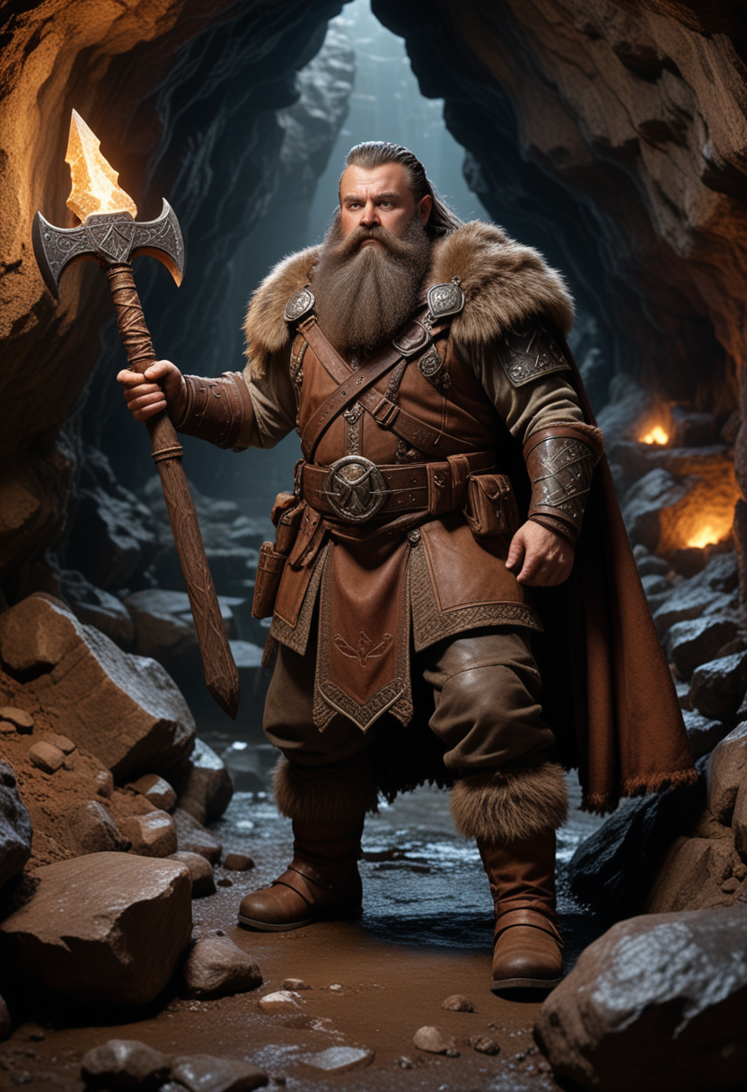 (medium full shot) of (bold mountain dwarf) wearing a brown padded tunic, iron greaves, leather boots, Lush dark beard, fur cape, wielding a war hammer, set in  a hidden cave, with glowing crystals, underground streams, narrow passages, at dawn, Masterpiece,best quality, photo, realistic, very aesthetic, detailed face,