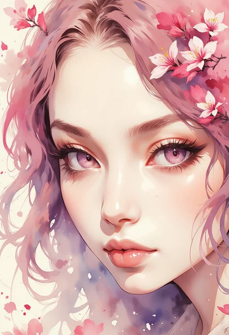 A dinkfsn style ink wash painting of a graceful close-up portrait of an Asian woman staring at the viewer. Her skin is so pale it is semi-translucent, like a polished crystal. Her eyes are a light purple color, framed with gold and black eyeshadow and her lips are a glossy pick color. The stippled lighting focuses on the face, creating strong highlights and shadows. The background is softly blurred showing a sea of cherry blossoms petals, but is blurred and out of focus so all visual attention is on the woman's eyes, nose and mouth. Her pink, curly, long hair blends in with the background. The overall impression is one of dramatic beauty, with an almost otherworldly quality. (((ultra-realistic style))), realistic soft lighting, eye-catching, atmospheric lighting, natural, shallow depth of field, (highlights: 0.8), high detail (dynamic, sincere, cinematic shot, film grain, bokeh, depth of field)