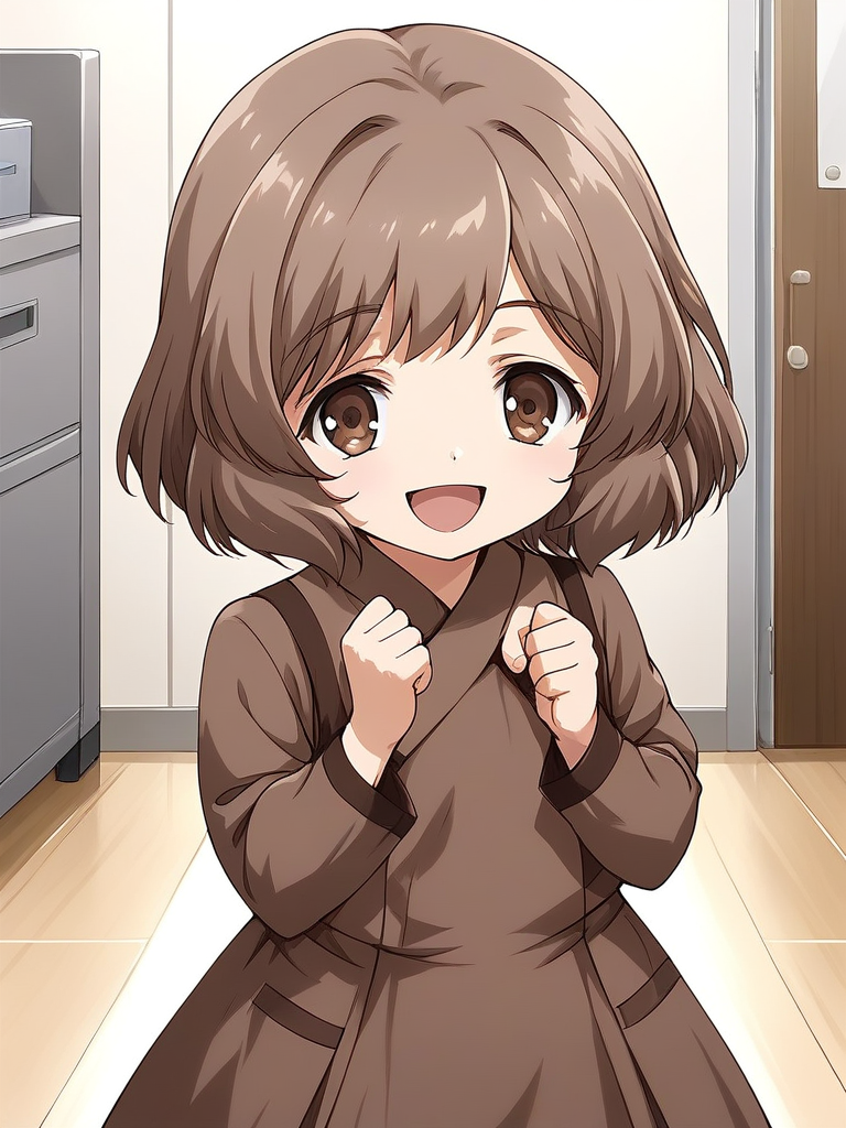 score_9, score_8_up, score_7_up, source_anime, rating_explicit, BREAK  <lora:Amatsuka_Sakura_Ver2.0_XL:1> AmatsukaSakura, brown hair, short hair, brown eyes, bangs, no hat, chibi, smile,
1girl, solo, smile, open mouth, looking at viewer, :d, clenched hands, indoors,  upper body, long sleeve, brown dress,
room, flooring,