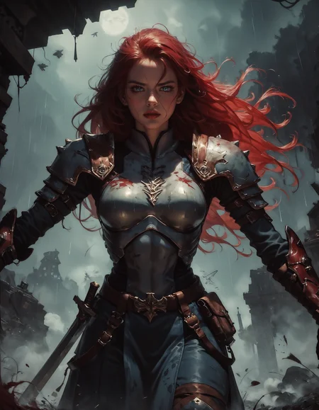score_9, score_8_up, score_7_up, score_6_up, score_5_up, score_4_up, 1girl, ultra detailed, break, Stormy rainy skies , a ginger woman,highly detailed dark eyes looking at viewer, highly detailed wet face, female warrior, highlight long red hair, soaking wet hair, medium breasts, little_freckles, Facial skin soiled by battle, Blood splatter, leather and worn scratched used wet metal armor,fur, sword belt, break, fighting stance, wind, cinematic lighting, realistic, dramatic light, break, Rain falls on the battlefield , dark_Smokes, fireflies,piles of dead corpses, Medieval_battlefield_ravaged_by_war_background, <lora:Kenva:0.8> knva, <lora:Concept Art Twilight Style SDXL_LoRA_Pony Diffusion V6 XL:0.8> concept art, <lora:Expressive_H-000001:0.8> expressiveh <lora:sinfully_stylish_SDXL>