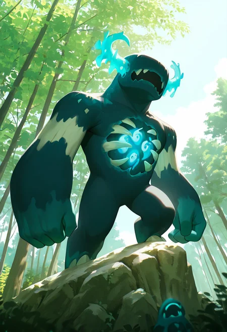 masterpiece, best quality, amazing quality, very aesthetic, absurdres, newest, detailed background, foreground blur, volumetric lighting, sharp, 4k, hd, 
warden, glowing horns, standing, solo, monster, open mouth, creature, teeth, no eyes, pokemon (creature), ribs, colored skin, ((wide head, big head,)),, no teeth, no humans, big arms,  no hands, no wrists, wide body, short legs, no teeth, 
, dynamic angle, daytime, bright day, blue sky, bright sun, bright forest, smile, sitting on rock,