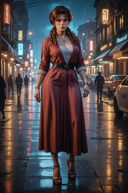 score_9, score_8_up, score_7_up,
<lora:RDR2MaryBeth:0.8>
RDR2MaryBeth, 1girl, brown hair, green eyes, looking at viewer, standing in the rain on a neon-lit city street at night, full body