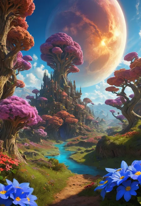 (masterpiece:1.5), unreal 8k wallpaper, unity 8k wallpaper, score 9, score 8 up, score 7 up, masterpiece_portrait, extreme quality, reflection, surface reflection, dynamic lighting, Cinematic style, cinematic quality, ((no humans, no people)), photorealistic, realistic, a spectrum of iridescent colors, precise, fractal design, flowing curves, precision, colorful, fractal geometry, harmonic interference, digital illustration, photo manipulation, altered realities, fantastical scenes, digital artistry, striking visuals, sharp focus, detailed background, light reflection, fantasy, science fiction, A enormous magical world, massive valley, in the center of the valley is (a magnificent magical landscape), the (magical landscape) has been here for a very long time, where this (magical landscape) came from no one knows it has long been forgotten, beautiful blue skies majestic clouds, gnarled trees dot the landscape, in the sky you can see (three huge moons) is all inspiring and a little frightening, the valley is also covered in beautiful multicolored flowers and multi-colored trees, no life can be seen anywhere, science fiction, (World of StarCraft), 3D blender, bushes, grass, flowers, daytime, Blue skies, clouds, magnificent World of StarCraft,