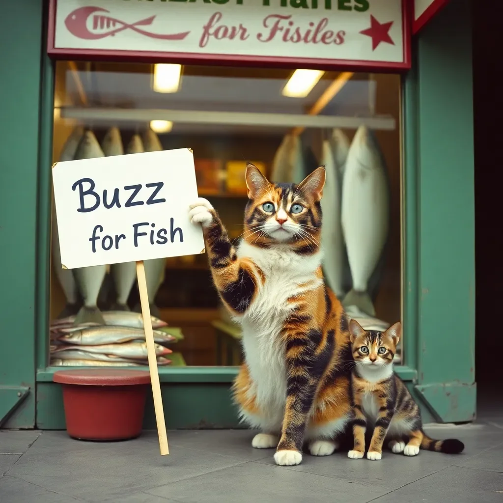 realistic photograph, 1960's ambiance, in Moscow, A Calico cat holding a sign with her paw in front of a shop selling fresh fishes; the sign says "Buzz for Fish"; another Kitten sitting besides the cat