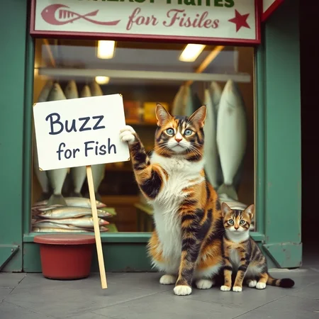 realistic photograph, 1960's ambiance, in Moscow, A Calico cat holding a sign with her paw in front of a shop selling fresh fishes; the sign says "Buzz for Fish"; another Kitten sitting besides the cat