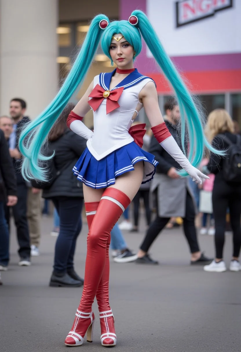 Sailor Moon with an edgy twist, standing proudly with other cosplayers in front of a large banner at Comic Con
, aidmafemalecosplay, aidmaHyperrealism, aidmaimageupgrader,