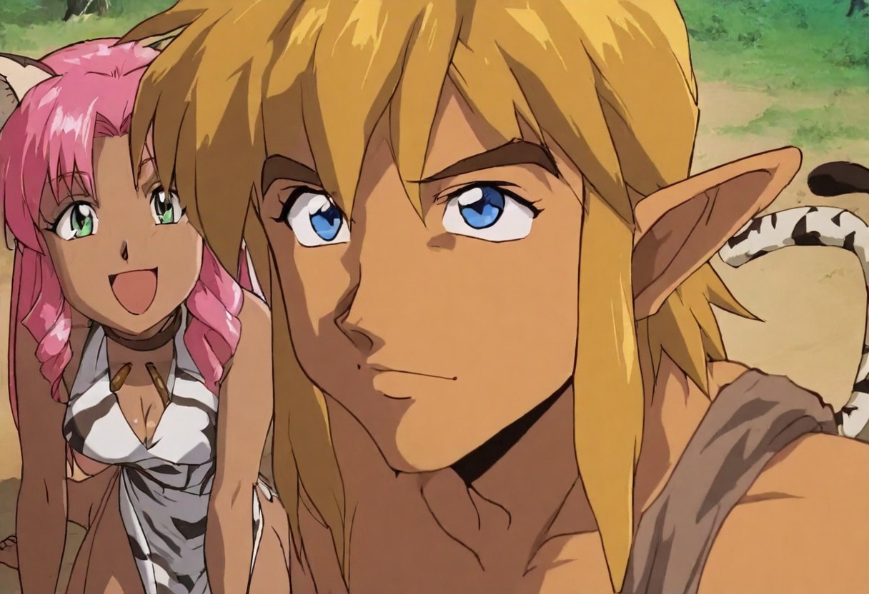 Pink_DragonPink, 1girl, sleeveless dress, white tiger print dress, pelvic curtain, cleavage, white tiger tail, red sash, small breasts, barefoot, masterpiece, very aesthetic, happy face, <lora:pink-illustrious:1>
(anime, anime coloring:1.3),1boy,Anime screencap,link (zelda),blonde hair,blue eyes,pointy ears, wearing blue hyilian tunic,
Link hugs dragonpink gently