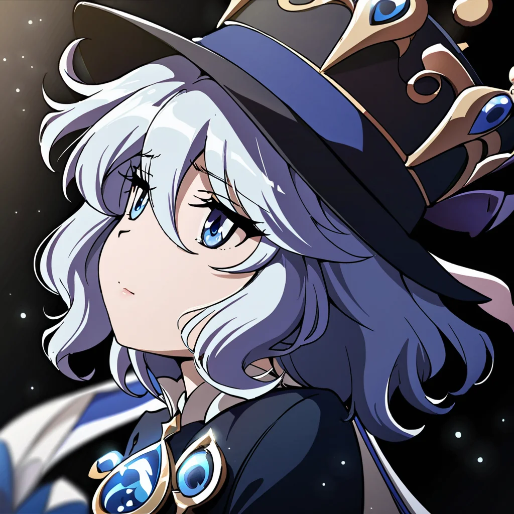 masterpiece, best quality, <lora:tgm-xl-a3.1:1>,pixiv,
solo,1girl,furina (genshin impact),hat, black background,top hat, simple background, upper body, blurry,looking to the side,looking up, light particles, from side,gem eyes,sad,blue eyes,