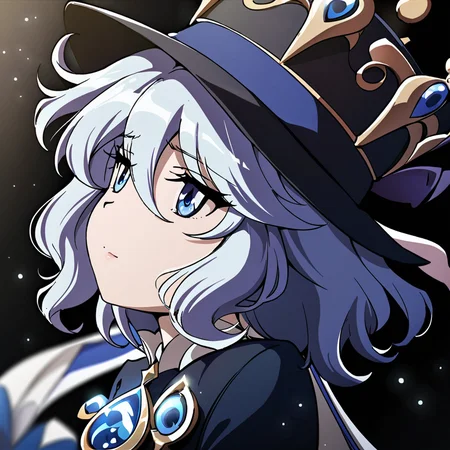 masterpiece, best quality, <lora:tgm-xl-a3.1:1>,pixiv,
solo,1girl,furina (genshin impact),hat, black background,top hat, simple background, upper body, blurry,looking to the side,looking up, light particles, from side,gem eyes,sad,blue eyes,