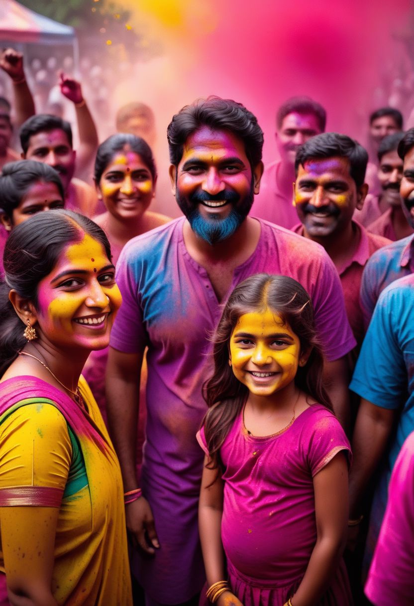 (RAW, Analog Color Photo, full body in frame, face in frame, night photography), Holi_Style_SDXL, Multicolor Smoke, Multicolor Paint, Multicolor Powder, (((Holi Festival in the Clouds with a big color explosion, colored powder on body, wet colors))), A ((South Asian Family consisting of people of different age group)) in festive clothing enjoying the color festival on riverside