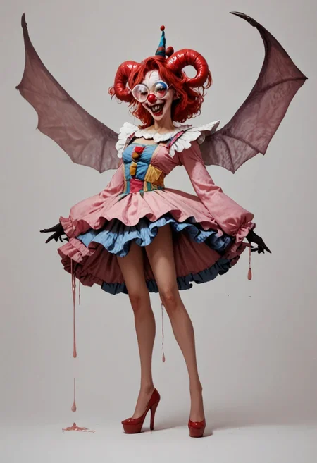 score_9, score_8_up, score_7_up, score_6_up, 
1girl, clown girl, 
roundglassesb, big round glasses, 
slim, slender, long legs, 
clown suit, frilly skirt,
wings, fangs, horns, sharp teeth,
 red liquind dripping from hands,