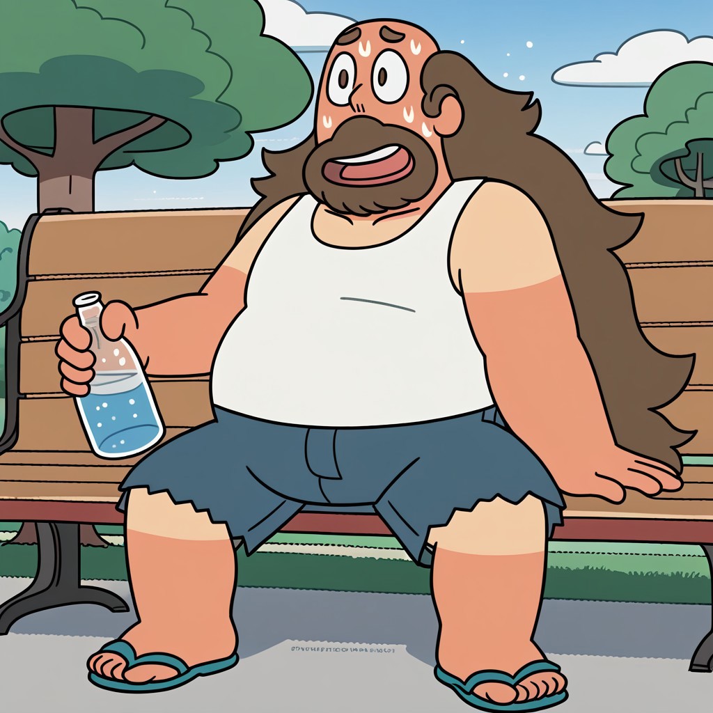 male focus, solo, sandals, shorts, brown hair, White tank top, looking up, open mouth, facial hair, long hair, flip-flops, short sleeves, flat color, beard, fat, detail background, 4k, masterpiece, best quality, highly detailed, sitting, sitting on a park bench, holding a bottle of water and enjoying a sunny day. The image is taken from a side angle, capturing the tranquility of the surroundings, boring, Sweat, embarrassed, close up