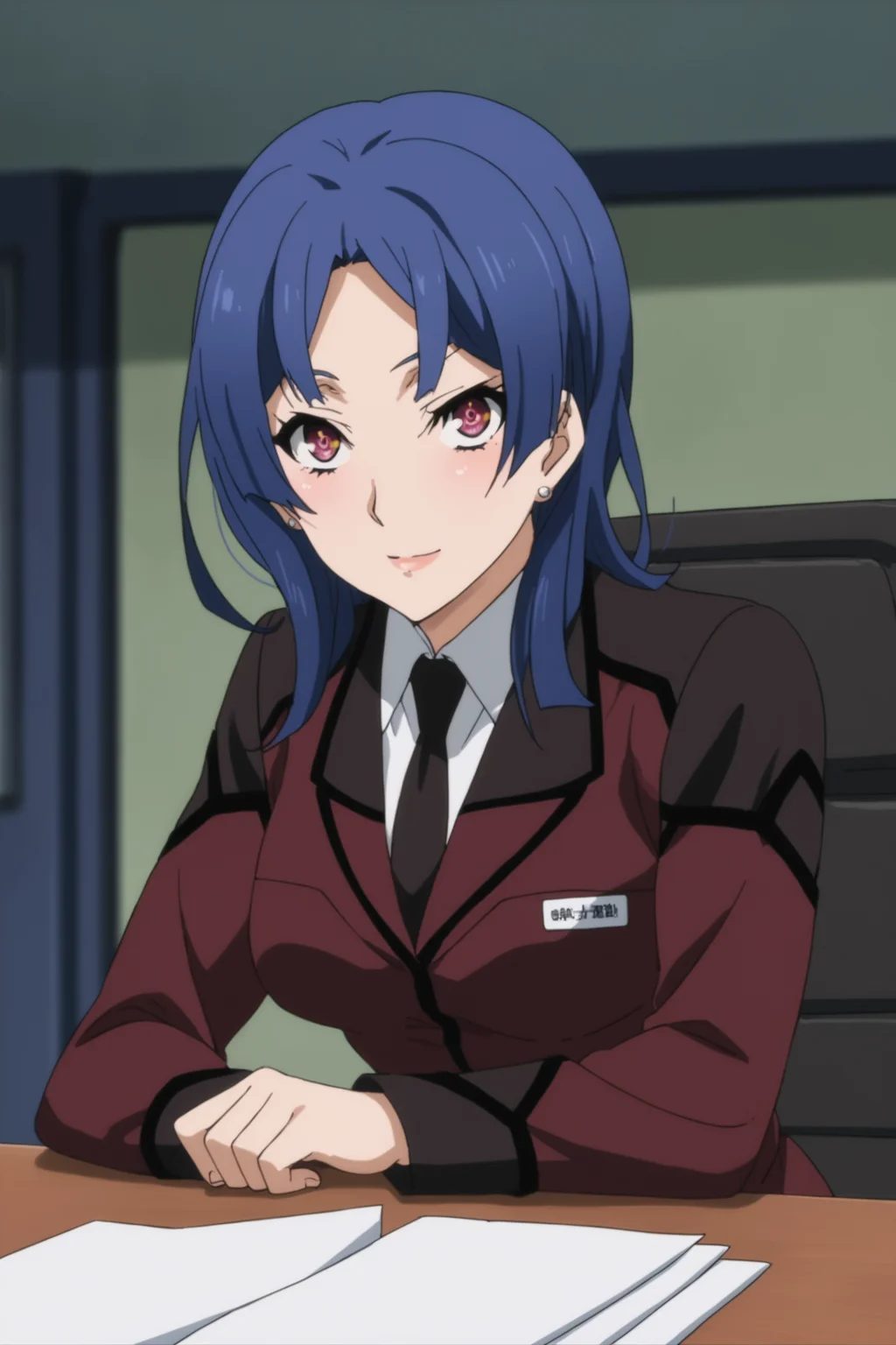 hoshimiya haruka, blue hair, long hair, purple eyes, uniform, suit, military uniform, purple uniform, dark brown uniform, white shirt, collared shirt, jacket, closed jacket, dark brown necktie, skirt, pencil skirt, white kneehighs, black highheels, <lora:Haruka_Hoshimiya:1>, score_9, score_8_up, score_7_up, score_6_up, score_5_up, source_anime, rating_safe, indoors, 1girl, solo, looking at viewer, (dynamic pose:1.2), (upper body:1), <lora:age_slider_v4:2>, standing