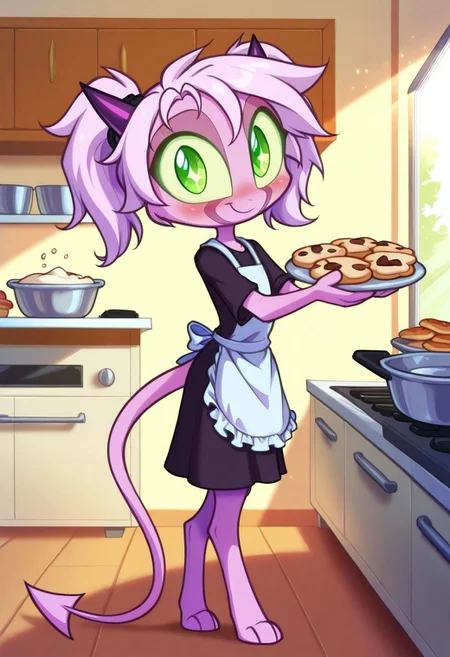 Dreamkeepers,1girl,Prelude_Namah,solo,demon tail, green eyes, horns,
child, kid,
In a sunlit kitchen, a girl stands on her tiptoes, balancing a tray of heart-shaped cookies fresh from the oven. Her frilly apron is dusted with flour, and a smudge of dough streaks her left cheek. She beams with pride, her twin tails bouncing as she turns toward the viewer, oven mitts slipping off her small hands. The countertop is cluttered with mixing bowls, sprinkles, and a carton of milk, while the scent of vanilla seems to waft from the image. Her eyes crinkle into crescent moons, radiating pure, unfiltered joy.
Tags:
1girl, bakery, apron, flour_on_face, oven_mitts, twin_tails, smiling, blush, heart-shaped_food, baking, warm_lighting, domestic, messy_hair, frilly_apron, moe, sparkling_eyes, countertop, cookies, sunlight, cheerful