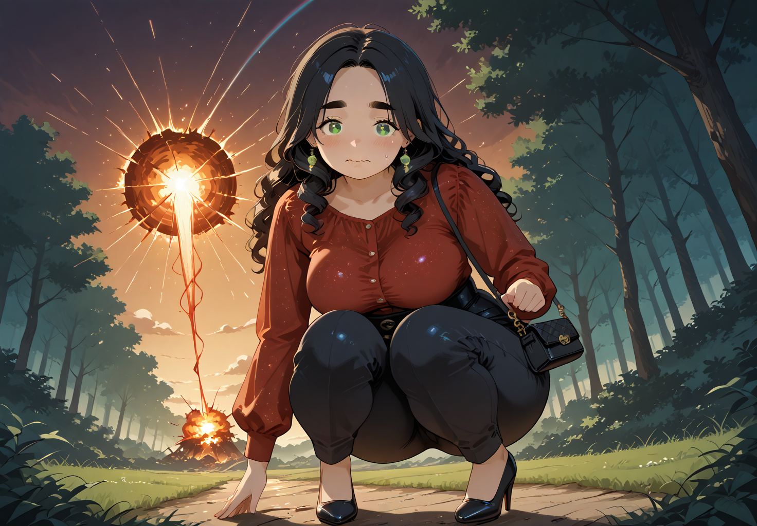IllusP0s, PonyScores7, source_anime, ah1, IllustriousQual, interesting, exciting, spectacular, wonderful, 
BREAK <lora:xl_more_art-full_v1:0.2>, <lora:aesthetic_anime_v1s:0.2>, <lora:EpicF4nta5yXL:0.2>, <lora:detailxl:0.2>, detailxl, <lora:Fant5yP0ny:0.2>, amazing quality, best aesthetic, absurdres, illustration, Volumetric_Lighting, ultra-detailed, very aesthetic, intricate details, best_quality, <lora:Anime_Aesthetic_Wallpaper_StyleIllustriousXL:0.4>, aniwall,
BREAK ((In an ancient forest, a woman inhales deeply, and the air around him shimmers with vibrancy, Trees and underbrush grow more verdant, an explosion of life and color responding to her nurturing breath)),
BREAK Stable_Yogis_PDXL_Positives, AS-Adult, <lora:Complicated fantasy portrait - XL Pony V2.0:0.2>, bad-hands-5, <lora:HDA_Detailer:0.3>, <lora:natsumi_style:0.5>, <lora:by_usakun-pony:0.4>, by usakun, <lora:Akina_Bbw_Style_-_PonyXL:0.2>, AkinBw, ((from below)),
BREAK 1girl, mature female, (curvy), round-chin, caucasian, <lora:ETO_OC_Illustrius:0.5>, eto_oc, skindentation, (plump), thick thighs, wide hips, busty, voluptuous, <lora:venus body PonyXL:0.3>, <lora:shinyskin2:0.2>, glistening skin, HDA_FatGirlXL, round ass, large breasts,
BREAK ((<lora:rainbow-sherbet-pony-v4:0.8>, multicolored Silk blouse, high-waisted trousers, leather pumps, clutch purse, statement earrings, rainbow sherbet style)),
BREAK (curly hair), long hair, (black hair:1.4), (parted hair:1.7), messy hair, kinky curls, <lora:hairdetailpxl:0.2>, hairdetailpxl,
BREAK (half green and brown eyes), (colorful eyes), (multicolored eyes), (downturned eyes:1.4), <lora:expressive eyes:0.2>, expressive eyes, <lora:eyedetailpxl:0.2>, eyedetailpxl, <lora:Eyes_High_Definition:0.2>, EyesHD, (round face:1.2), (thick eyebrows:1.3), (plump face), <lora:Round_face:0.2>, lips, 
BREAK ((wavy mouth expression)), <lora:Expressive_H:0.2>, Expressiveh, <lora:Emotional_Anime_Expressions_PonyXL_Concept:0.2>, emotional, <lora:Best_Facial_Expression_LoRA_PONY:0.2>, looking at viewer, <lora:Detailed expressive EXEV style -XL Pony V1.0:0.2>, FaceDetail, <lora:Best_Facial_Expression_Helper_XTREME_ILLU:0.4>, kaogei,
BREAK (((Abandoned, blood-red carnival))), <lora:Background Detailer - SDXL:0.8>, 4k, 8k, Ultra HD, Masterpiece, Best quality, Detailed background, <lora:Add_more_details_V2_XLpony:0.4>, full_details, <lora:background-type1:0.4>,