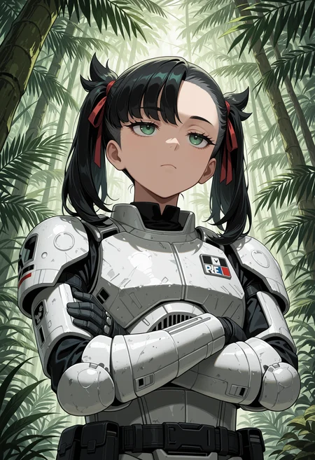 masterpiece, best quality, highres, absurdres, very awa, 1girl, solo, m4rn1edef, medium hair, black hair, asymmetrical bangs, twintails, undercut, stormtrooper, armor, jungle, outdoors, rainforest, nature, (fern), crossed arms, green eyes, eyelashes, hair ribbon, red ribbon, from below, looking ahead, bored, jitome, closed mouth