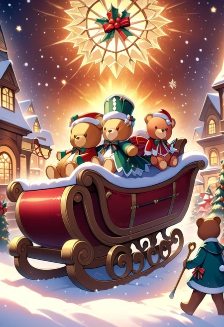 xmastedx,Festive,
(masterpiece, best quality:1.2), teddy bears' time - traveling holiday, sleigh as a time machine, electric guitars from different eras, parade of teddy bears through history, some teddy bears dressed in medieval armor, others in 1920s flapper outfits, playing guitars that match the historical period, the sleigh stopping at famous historical events like the signing of the Declaration of Independence, snow falling in different historical settings, a blend of history and holiday cheer.