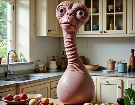 a photo of ET the alien PeenKin with long-neck adorable head and with flesh eyes at a classical era aesthetic kitchen.