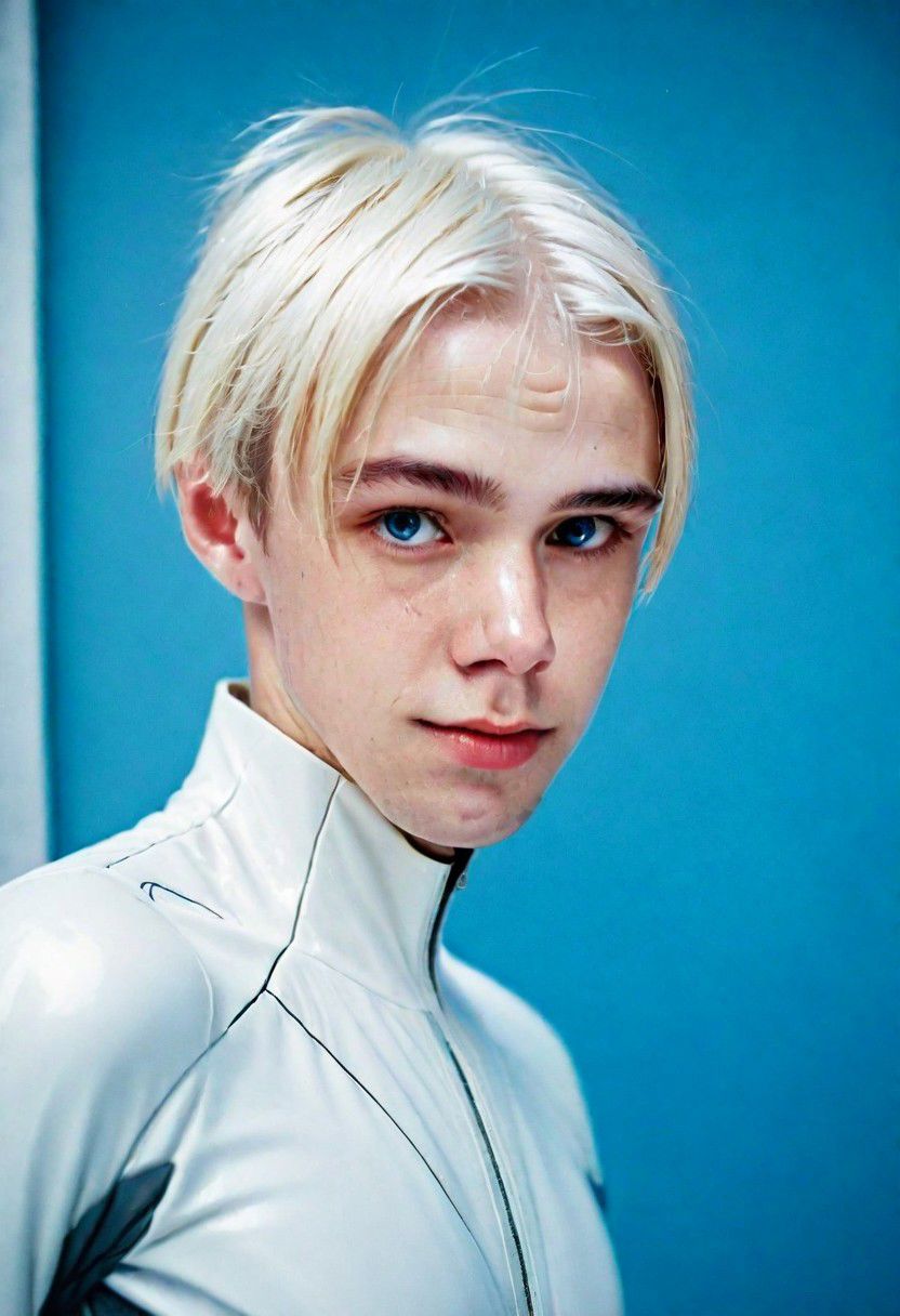 analogic Portrait Photo a portrait, natural and hyperdetailed photography, young man, 
in Madrid in 2130s, white hair, looking straight to camera, sweaty, very accurate photo, suspiria, 2130s Clothes, (laughing:1.2) (futuristic image:1.4) blue eyes, pale skin,(many details futuristic in clothes)