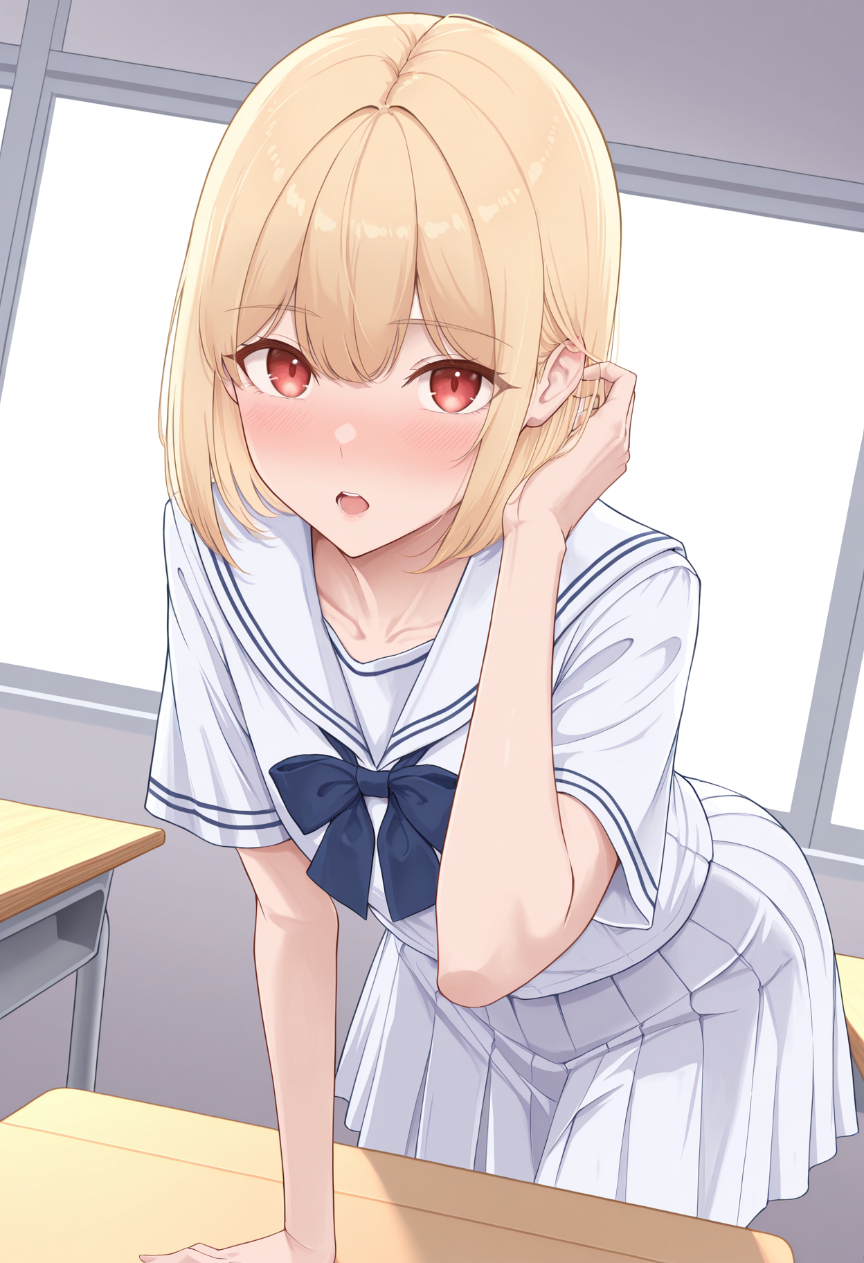 highres, best quality, masterpiece, classroom, 
1girl, solo, kmtnicole, short hair, blonde hair, red eyes,
serafuku, blue bowtie, white shirt, short sleeves, white skirt,
looking at viewer, blush, open mouth, 
leaning forward, hand in own hair, dutch angle,
<lora:_nicole_ninagawa-elesico-ilxl_1-000017:1>