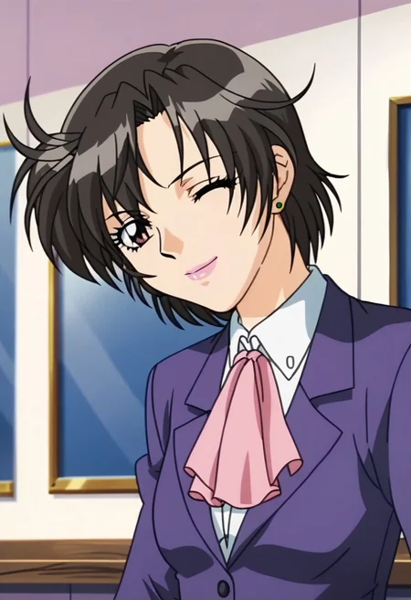 score_8, score_7_up, score_6_up, source_cartoon, screencap, detailed face, solo, 1girl, Mayu Misogi, Black Hair, Pink Lips, Blazer, Cravat, Earrings, Pantyhose, Skirt Suit, looking at viewer, wink, smile, close up, anime screencap