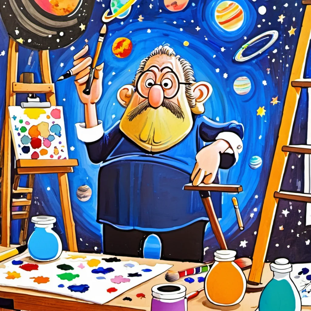 cartoon of Galileo Galilei (Astronomer), Artistic Endeavor in a Home Studio: An artist working in a home studio, surrounded by art supplies like paints, brushes, and canvases. The studio is bright and colorful, with works in progress and completed pieces on display., in donmartin style, caricature, action lines, HQ, high resolution, crisp lines, detailed eyes <lora:DonMartin_StyleXLv6.6:1.0>