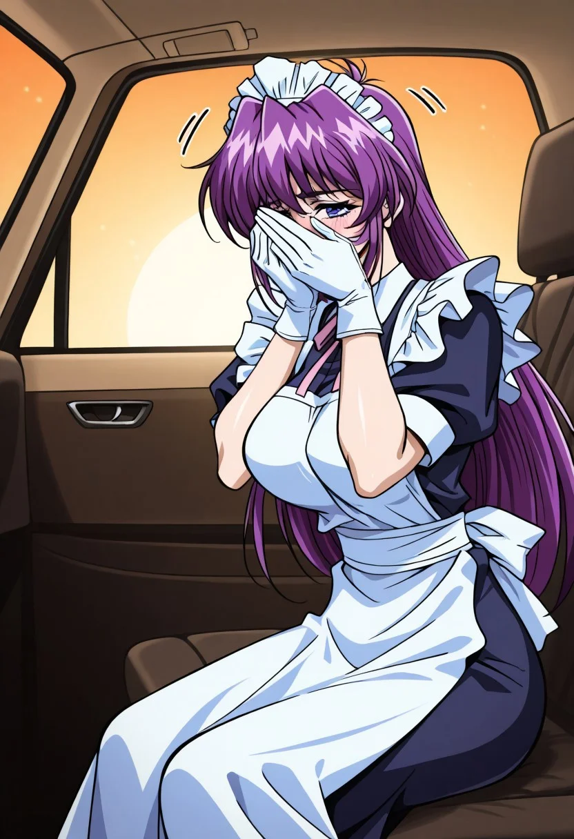 masterpiece, best quality, newest, highres, uncensored, 1girl, yokota mamoru style,1girl,,motion lines
Mikado Shizuru OVA2,1girl, purple hair, long hair, Long hair, Side hair, Spiky Bangs, Violet hair, Waist Length hair,Blue eyes, Hosome eyes,large breasts,slim,
At sunset, sitting in the car, covering my face with my hands, shy,1girl,solo,maid,maid headdress, apron, frills,Evening Gloves, Ribbon Hair Tie