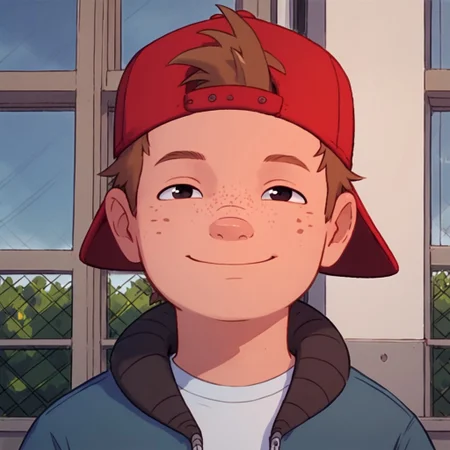 score_9, score_8, score_7, Expressiveh, young, looking at viewer, perfect face, colorful, dramatic angle, school yard, bluejeans, school building in background, , smile, red hat, backwards hat, shirt, jacket, brown hair, freckles, 1boy, solo, full body.