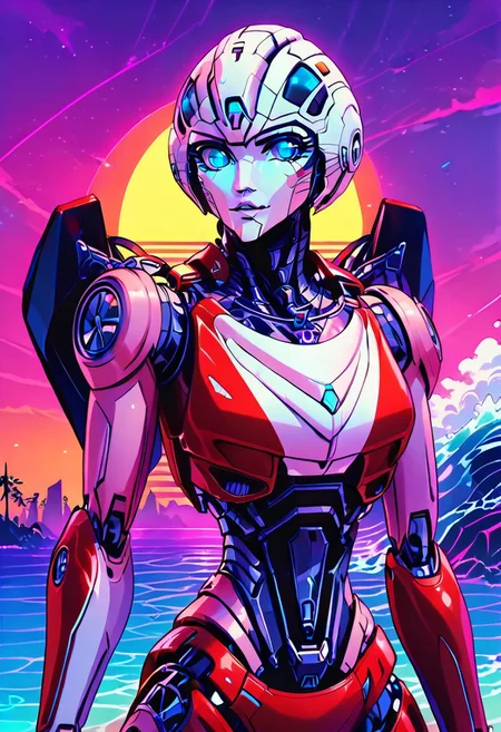 score_9, score_8_up, score_7_up, screencap, detailed eyes, looking at viewer, bust shot, white background, character sheet, multiple views, ArceeROTB, autobot, 1girl, solo, red and white body, mechanical parts, robot, helmet-like head, robotic face, glowing blue optics, wheels on back, ducati printed on right leg, autobot forehead symbol, fairing-like chest, blue eyes, narrow waist, synthwave, vaporwave, wave, lasers, sunset, synthwave-galaxy, unique pose, unique angle