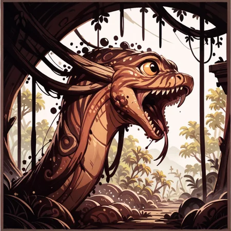 score_9, score_8_up, score_7_up, score_6_up, score_5_up, score_4_up, ink splats around border, gleaming metal snake made of copper, in the workshop of a wizard, lightning shooting from its open mouth, feral, armless, forked tongue, jungle temple