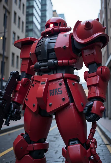 zaku ii, red eyes, facial focus,(((red mobile suit))),professional 3d model of A giant mecha stands in the city. (B-RRS:1.6),full body,(mecha armor:1.5),mechanical parts,robot joints,(holding huge weapon:1),octane render, highly detailed, volumetric, dramatic lighting