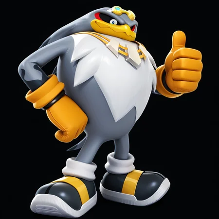 <lora:Storm_the_Albatross_Sonic_the_Hedgehog_-_Illustrious:1> Storm the Albatross, 1boy, full body, goggles on head, gloves, necklace, shoes, full body, looking at viewer, smirk, thumbs up, hand on own hip, black background, masterpiece, masterwork