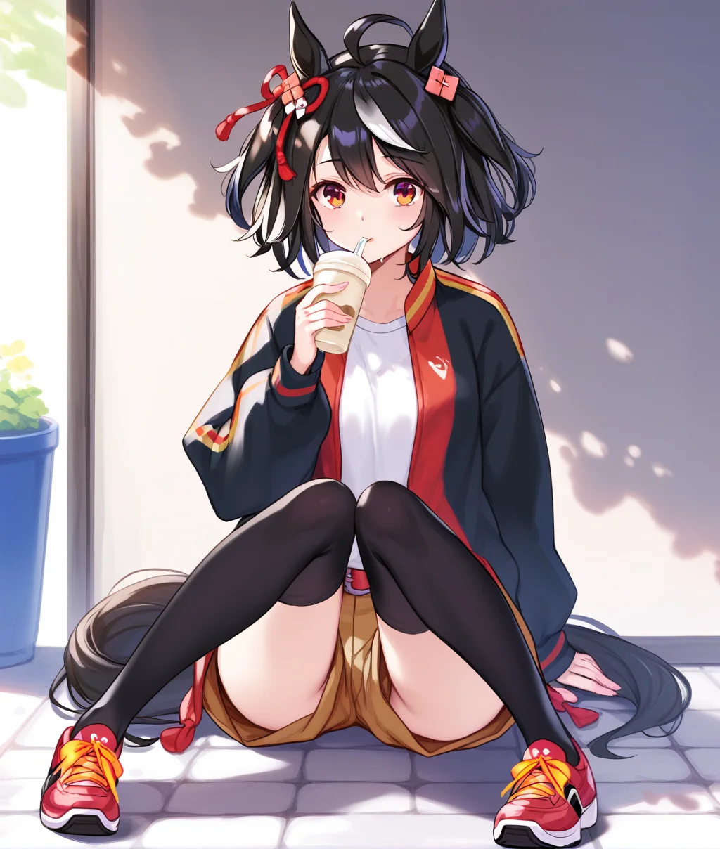 score_9, score_8_up, score_7_up BREAK
season2, 1girl, solo, looking at viewer, blush, short hair, bangs, shirt, black hair, hair ornament, red eyes, thighhighs, long sleeves, holding, animal ears, hair between eyes, sitting, jacket, tail, full body, white shirt, ahoge, white hair, multicolored hair, open clothes, shoes, shorts, belt, black thighhighs, open jacket, cup, streaked hair, black jacket, horse ears, horse girl, red footwear, sneakers, holding cup, horse tail, drinking straw, drinking, disposable cup, brown shorts, orange footwear,
<lora:Kitasan_Black-ponyXL_V1:0.8>,